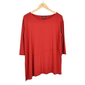 Eileen Fisher Asymmetric Hem Jersey 3/4 Sleeve Tunic Top Deep Red Orange Medium